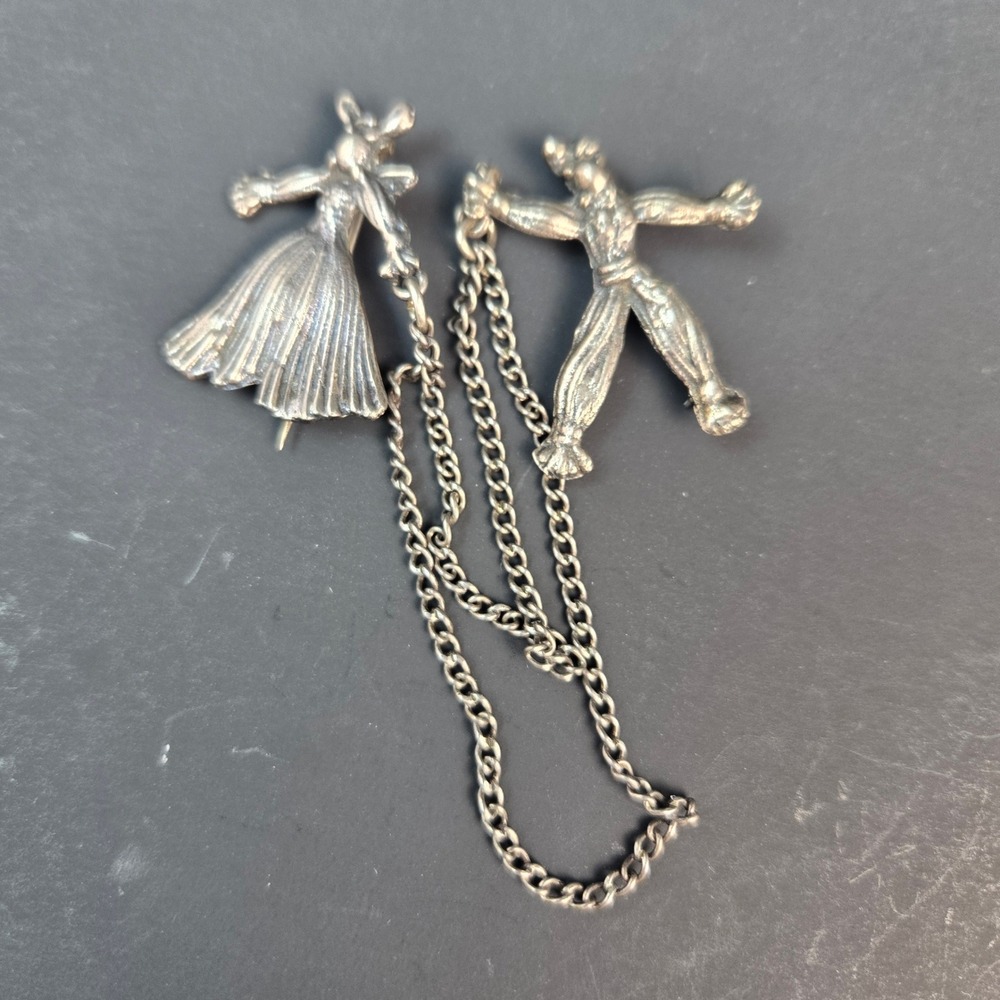 Vintage Sterling Silver Dutch Boy and Girl Chatelaine Brooch Double Pin Chain